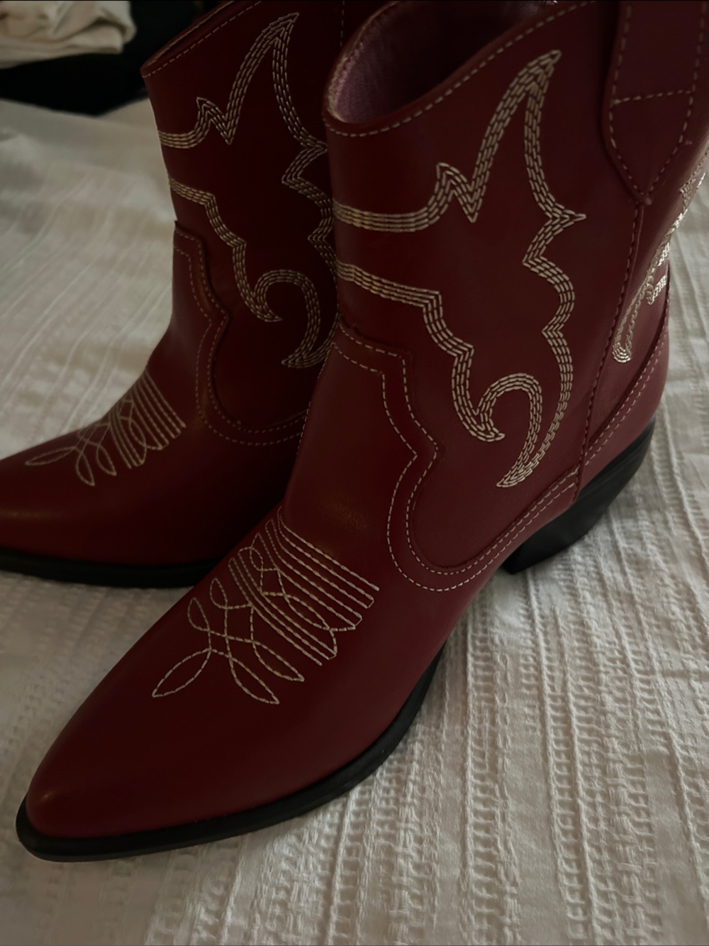 MIA Red Western Ankle Boots with White Stitching